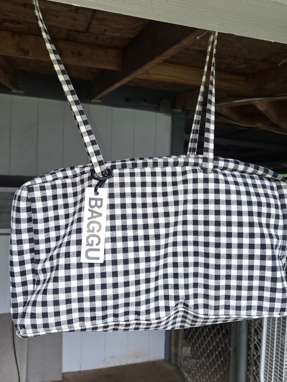 BAGGU Medium Black & White Gingham Tote Shoulder Bag